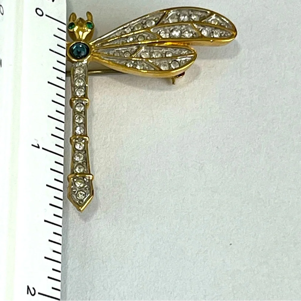 Golden Crystal Dragonfly Brooch Pin 1.25" - Picture 9 of 10
